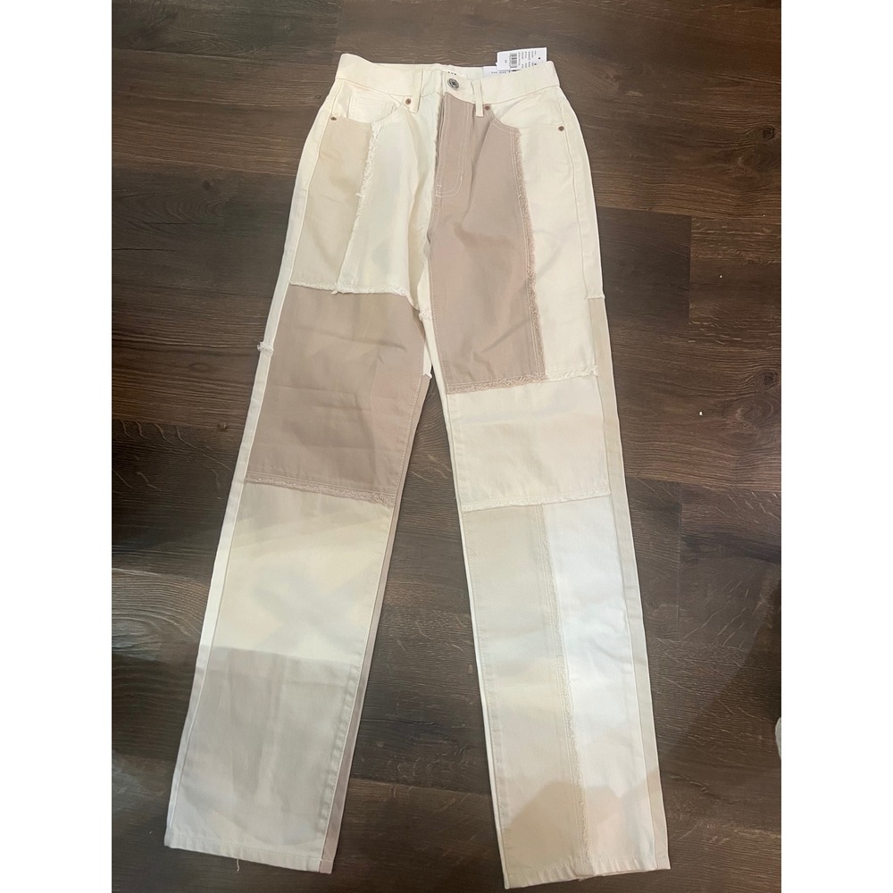 PacSun Dad Jean Patchwork Highâ Waisted Straight Leg Cream Tan Denim Pants 24